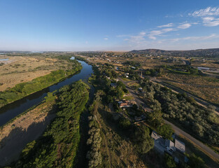 Aerial landscape of Yakima River Valley nature during summer in Kennewick Richland Washington