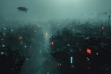 Futuristic city of floating structures shrouded in fog