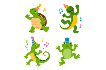 Playful lizard and gecko activity icons, art and music poses, craft and classroom friendly vector, whimsical reptile characters