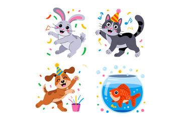 Obraz premium Happy pet party character pack, joyful dog cat and goldfish icons, birthday confetti elements, family friendly animal vector
