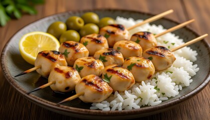 Greek grilled chicken skewers served with lemon rice and marinated green olives