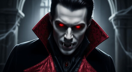 Close-up of a vampire with red eyes and fangs