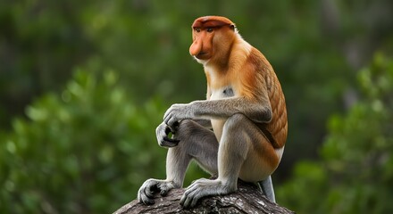 Proboscis monkey sitting on tree branch