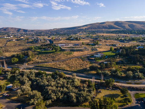 Aerial landscape of Yakima River Valley nature during summer in Kennewick Richland Washington