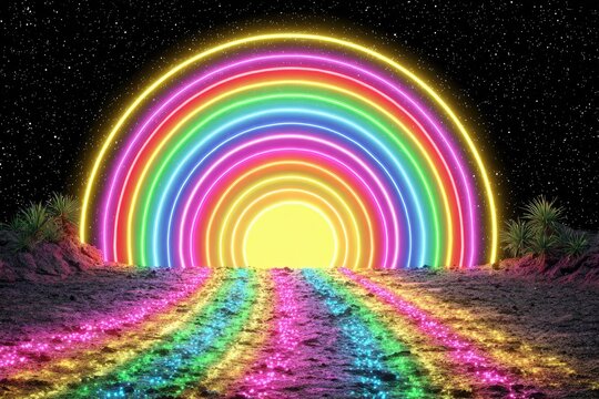 Neon rainbow archway in a desert scene