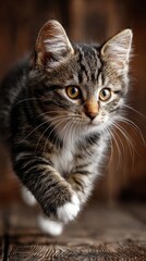 Obraz premium Adorable Tabby Kitten Walking on Wooden Surface, Close-up Portrait