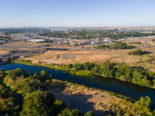 Aerial landscape of Yakima River Valley nature during summer in Kennewick Richland Washington