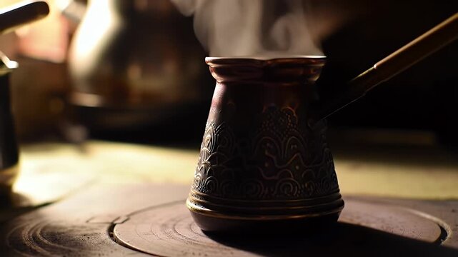 Steaming Turkish Coffee Brewing in an Ornate Copper Pot on a Rustic Stove