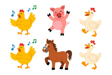 Fototapeta premium Farmyard party mascot pack, dancing pig chicken horse duck, confetti parade vector, animal parade clipart, childrens activity graphic