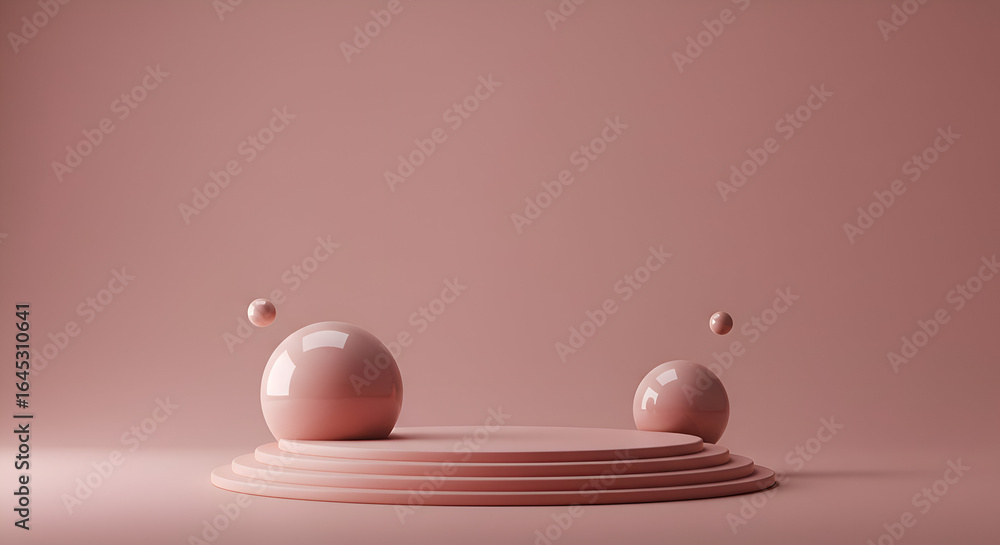 Poster pink geometric platform with floating orbs in a minimalist studio setting. empty display stand for p