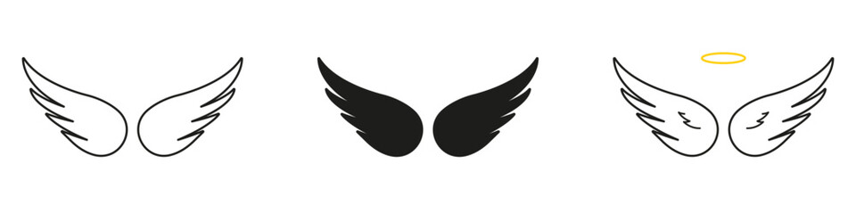 Stylized Bird Wings Line And Solid Icon Set. Long Curved Feather Shapes For Celestial Flight And Guardian Identity In Holy Visual Themes. Symbol Collection. Isolated Vector Illustration