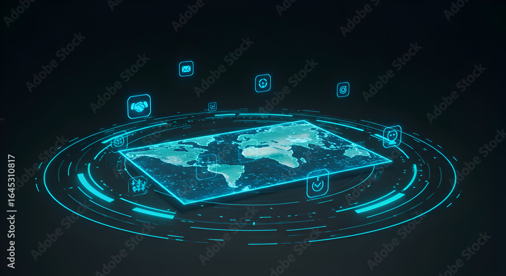 Poster global digital interface with world map displayed on tablet device. illuminated interface with glowi