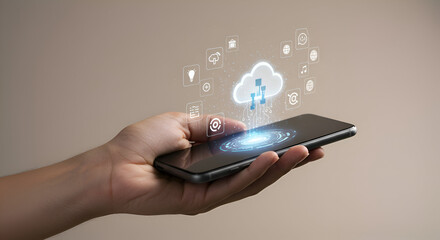 A person holding a smartphone with superimposed cloud computing icons and interface elements. Casual, modern user interacting with technology in a neutral studio setting.