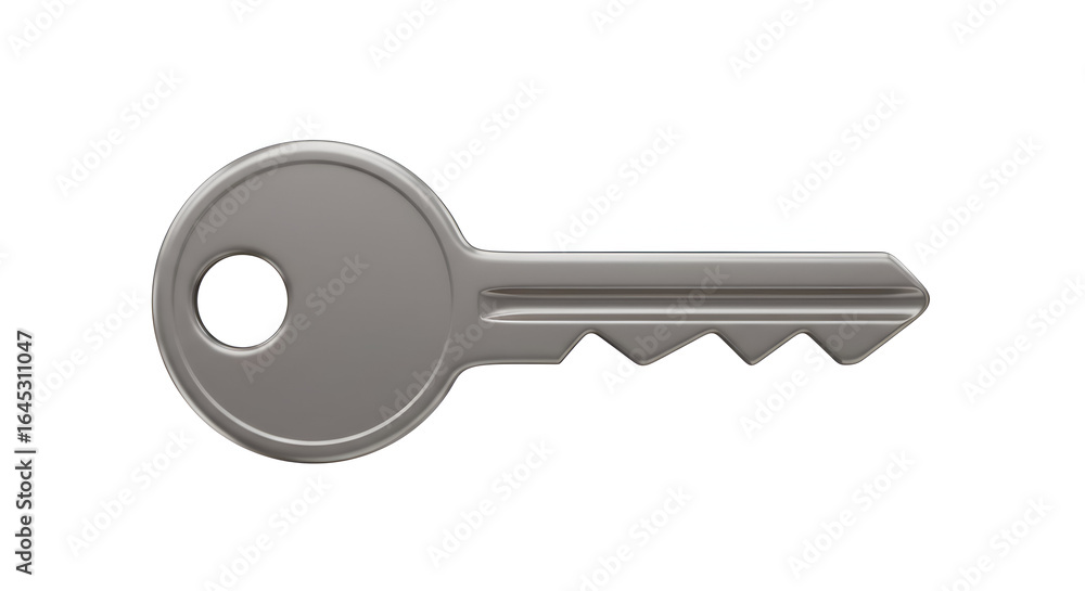 Poster gray metal key with simple design. isolated object on white background. generic key for security or 