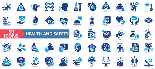 Fototapeta premium Health and safety icon set flat style collection. Containing accident, alert, awareness, barrier, breathing, chemical, contamination, danger, emergency, ergonomics