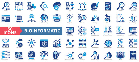 Naklejka na ściany i meble Bioinformatic icon set flat style collection. Containing genome, sequence, dna, rna, protein, gene, alignment, annotation, transcriptome, proteome, metabolome