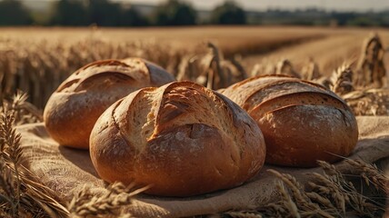 Golden crusted artisanal bread loaves resting on rustic burlap in a sunlit wheat field, symbolizing farm-to-table freshness, traditional baking craftsmanship, natural rural charm in warm evening light