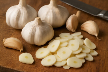 Fresh garlic bulbs and cloves with thin garlic slices on wooden cutting board, ready for cooking preparation