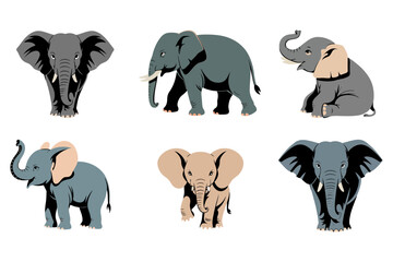 Realistic elephant icon set, wild animal vector, walking profile head illustration, safari wildlife clipart, nature design pack
