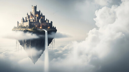 Fototapeta premium Spectacular castle floating above clouds with waterfall, evoking fantasy and wonder, ideal for book covers ,Generated image