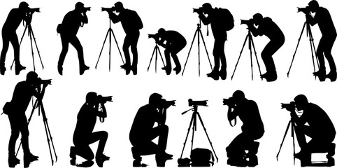 photographers silhouettes, action shot, capturing moments, dynamic poses, vector