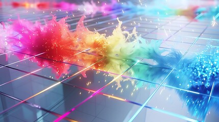 Obraz premium Quantum field disruption creating a colorful electric burst over a mirrored digital surface .