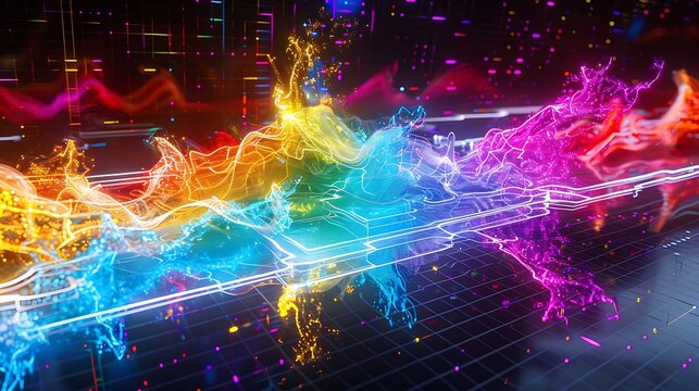 Quantum field disruption creating a colorful electric burst over a mirrored digital surface .