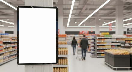 Blank digital signage display in a supermarket with people and aisle shelves blurred background