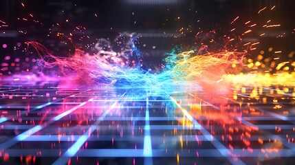 Obraz premium Quantum field disruption creating a colorful electric burst over a mirrored digital surface .