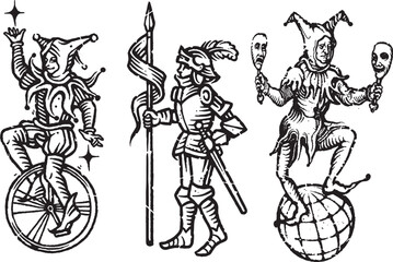 Medieval Joker and Spearman Engraving Vector Illustration