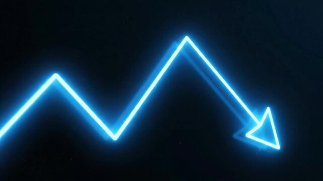 A neon blue arrow pointing downwards with a zig zag pattern on a dark black background display
