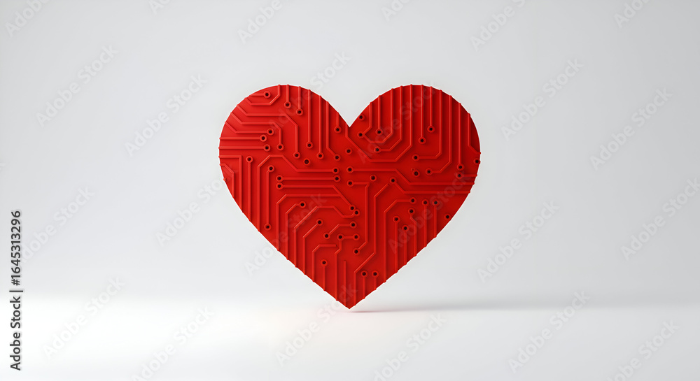 Poster red circuit board heart design in a plain white background. abstract representation of digital love 