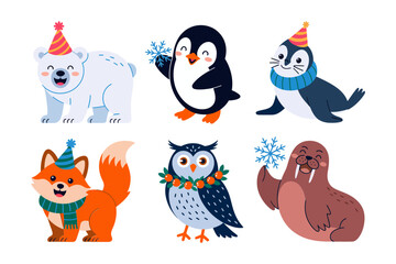 Polar friends celebration icons, penguin polar bear owl seal fox vector, festive winter illustration, arctic wildlife clipart, kids party design