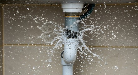 Explosive Water Leak: High-Pressure Spray from a Ruptured Under-Sink Drain Pipe.