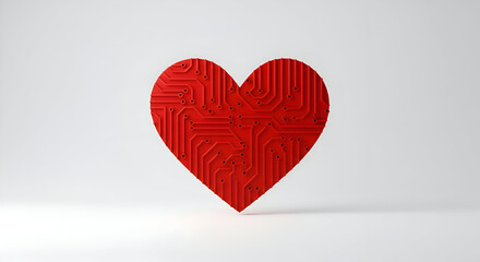 Red circuit board heart design in a plain white background. Abstract representation of digital love or technology-driven affection.