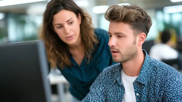 Experienced Graphic Designer Provides Constructive Project Feedback to Intern, Reviewing Visuals on Computer Screens in Modern Creative Studio Setting