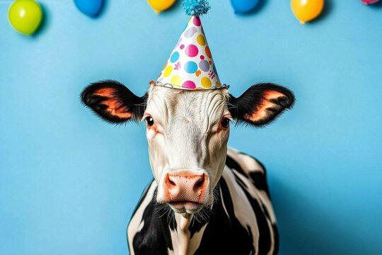 A cheerful cow celebrates in a vibrant studio setting. - Powered by Adobe