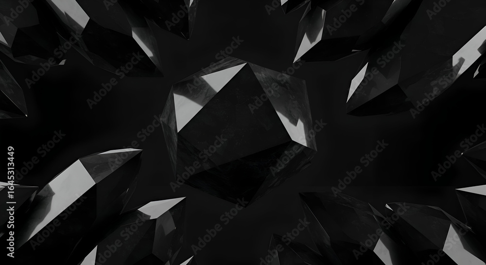 Poster black geometric crystal formations in a dark studio setting. abstract display of multifaceted crysta