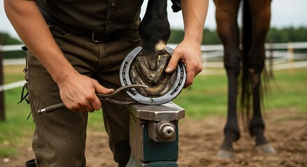 Expert Farrier Fits a New Horseshoe on a Hoof Stand in a Rural Paddock