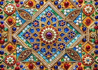 Opulent Geometric Tile Portrait: Symmetrical Jewel-Embedded Design