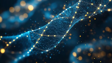 Abstract image of a glowing blue and gold network of connected points swirling in a dark background.