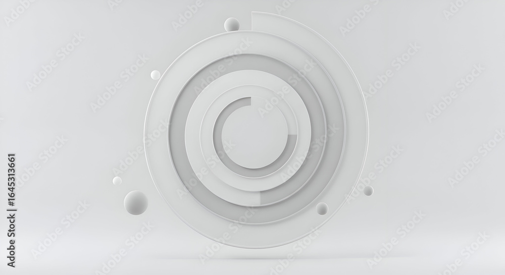 Poster abstract concentric circles with floating spheres in a minimalist white setting. geometric design el