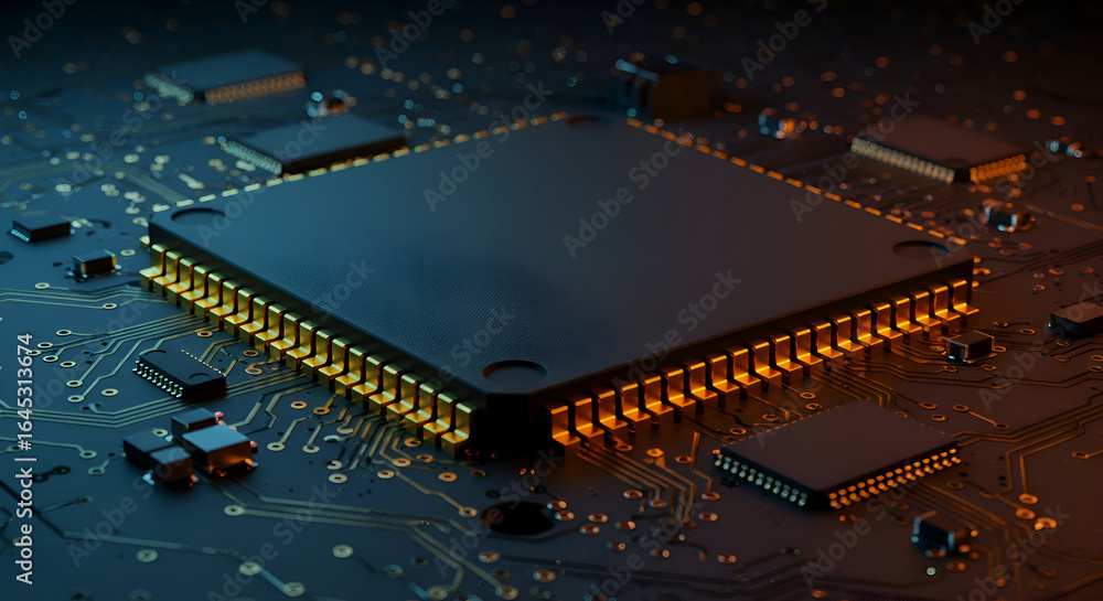Poster a high-resolution close-up of a circuit board, showcasing complex circuit patterns and a central pro