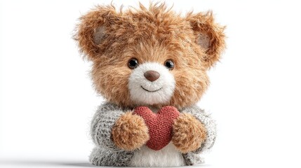 Adorable Teddy Bear Holding a Red Heart on a White Background