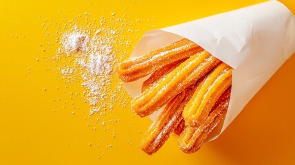 Crispy golden fries in a paper cone, vibrant yellow background, perfect for food promotions or menu designs, enticing and delicious.