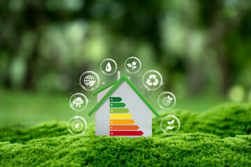 House energy efficiency or energy saving rate for reduce carbon footprint. Home Improvement, Eco-Friendly. Home model with energy efficient rating class concept to save cost green energy. © witsarut