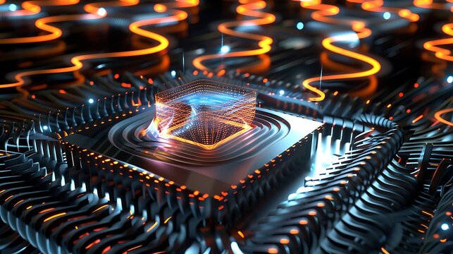Quantum wave disruption pattern lighting up a modern processor surrounded by swirling electric rings . - Powered by Adobe