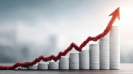 Stacked coins with upward red arrow representing financial growth, business success and economic progress