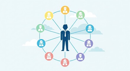 Photo of a central figure surrounded by a network of diverse individuals, representing connection,...