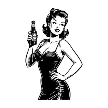 Engrave of pinup woman holding beer bottle	in detailed engraving style silhouette
